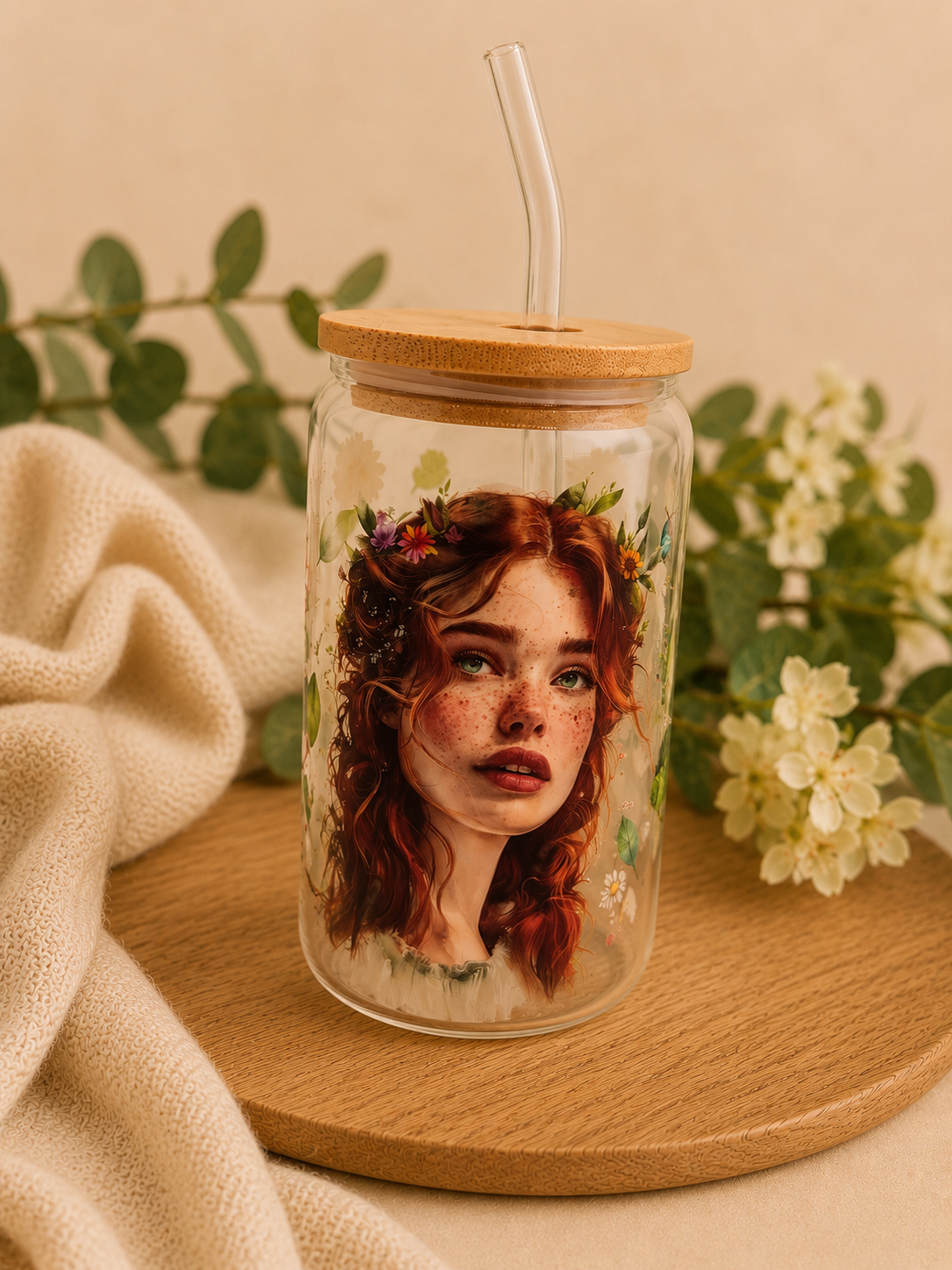 16 oz Glasbecher mit Bambusdeckel & Glasstrohhalm (16 oz / 473 ml)