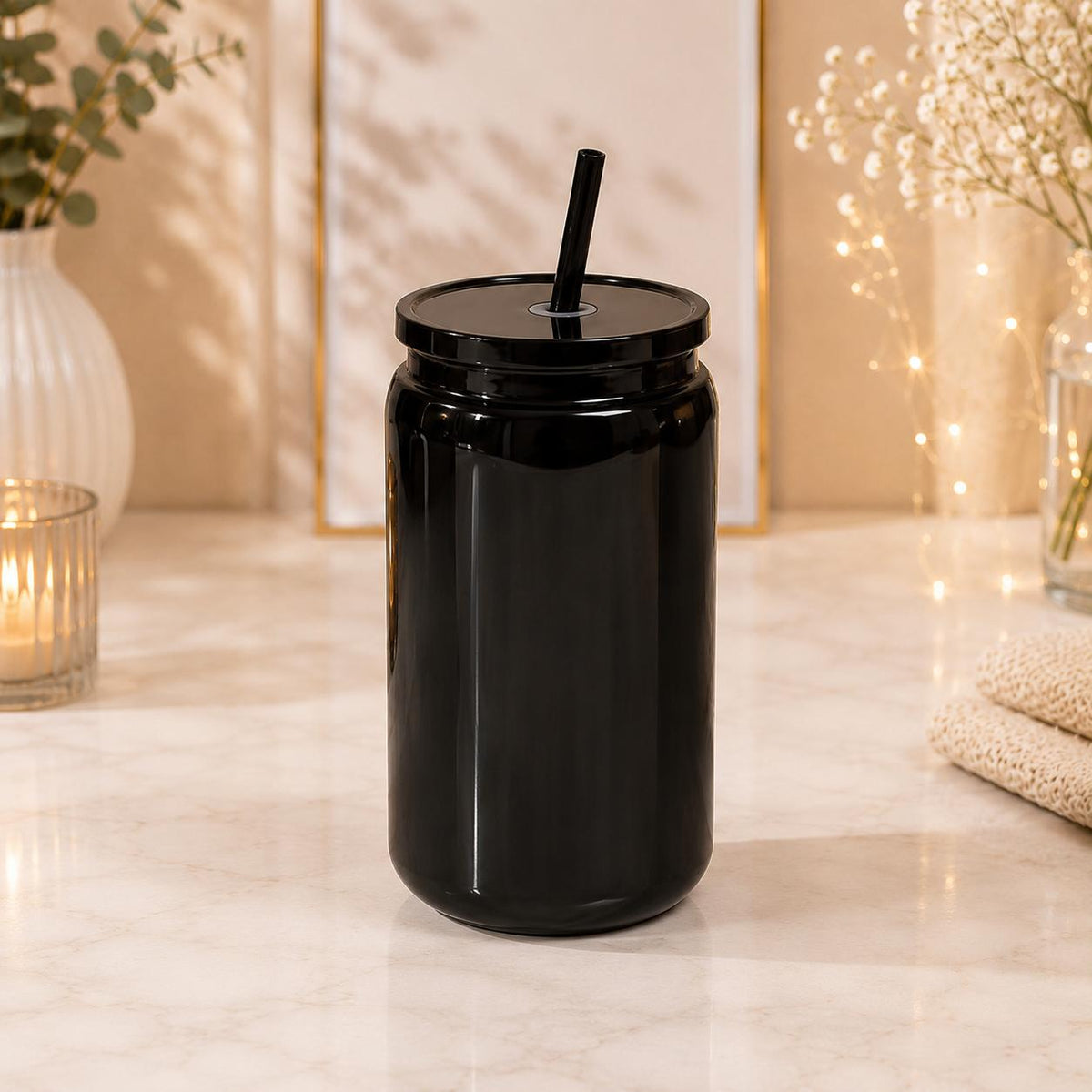 16 oz Kunststoffbecher (473 ml) mit Deckel & Strohhalm – Schwarz