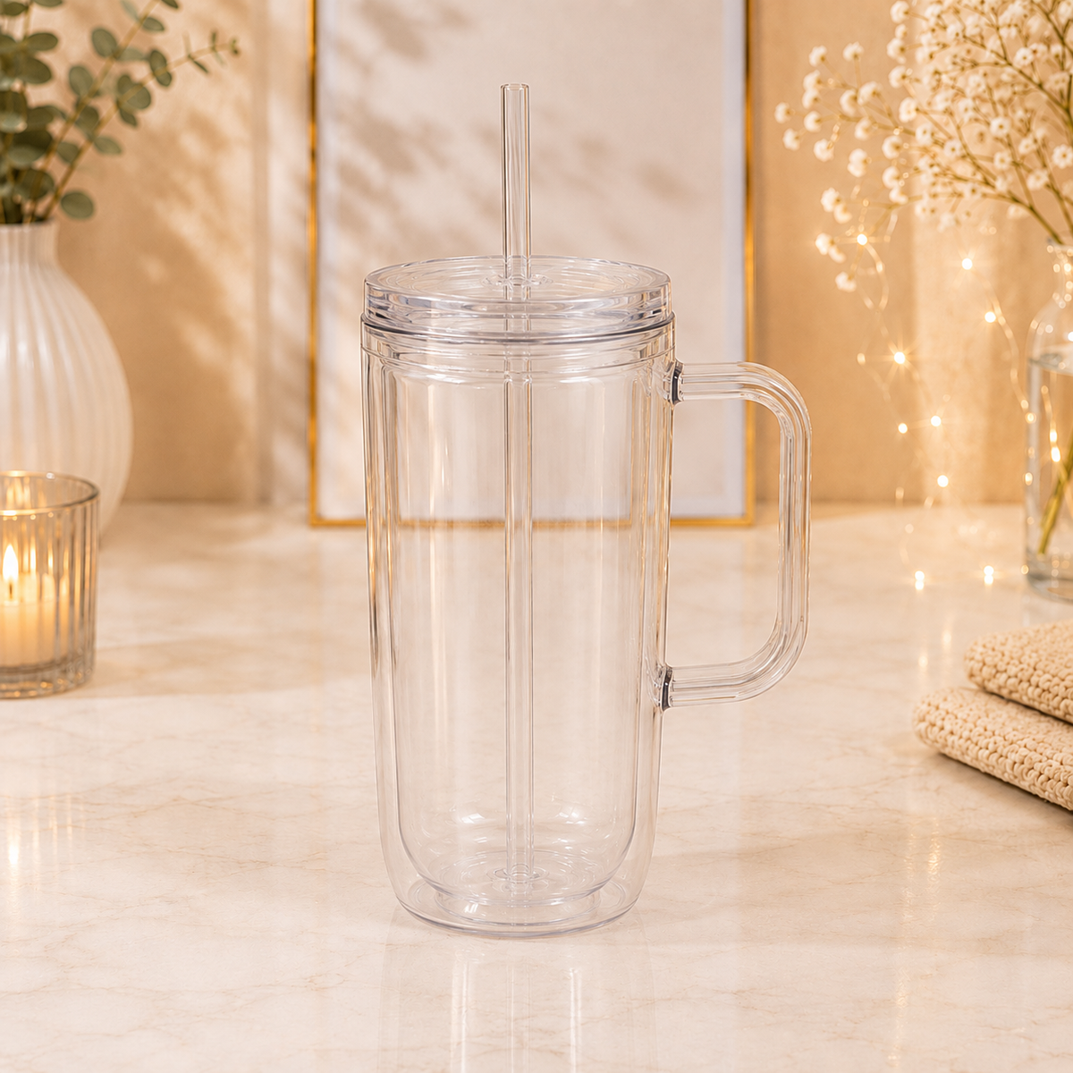 20  oz Doppelwandiger Kunststoffbecher mit Deckel & Strohhalm – Farbe & Design nach Wahl