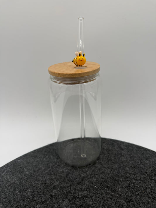 16 oz Glasbecher mit Bambusdeckel & Glasstrohhalm (16 oz / 473 ml)